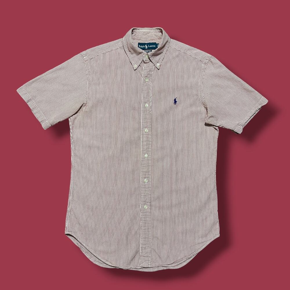 Vintage Ralph Lauren Shirt Seersucker Striped Button Up Short Sleeve 80s 90s Red